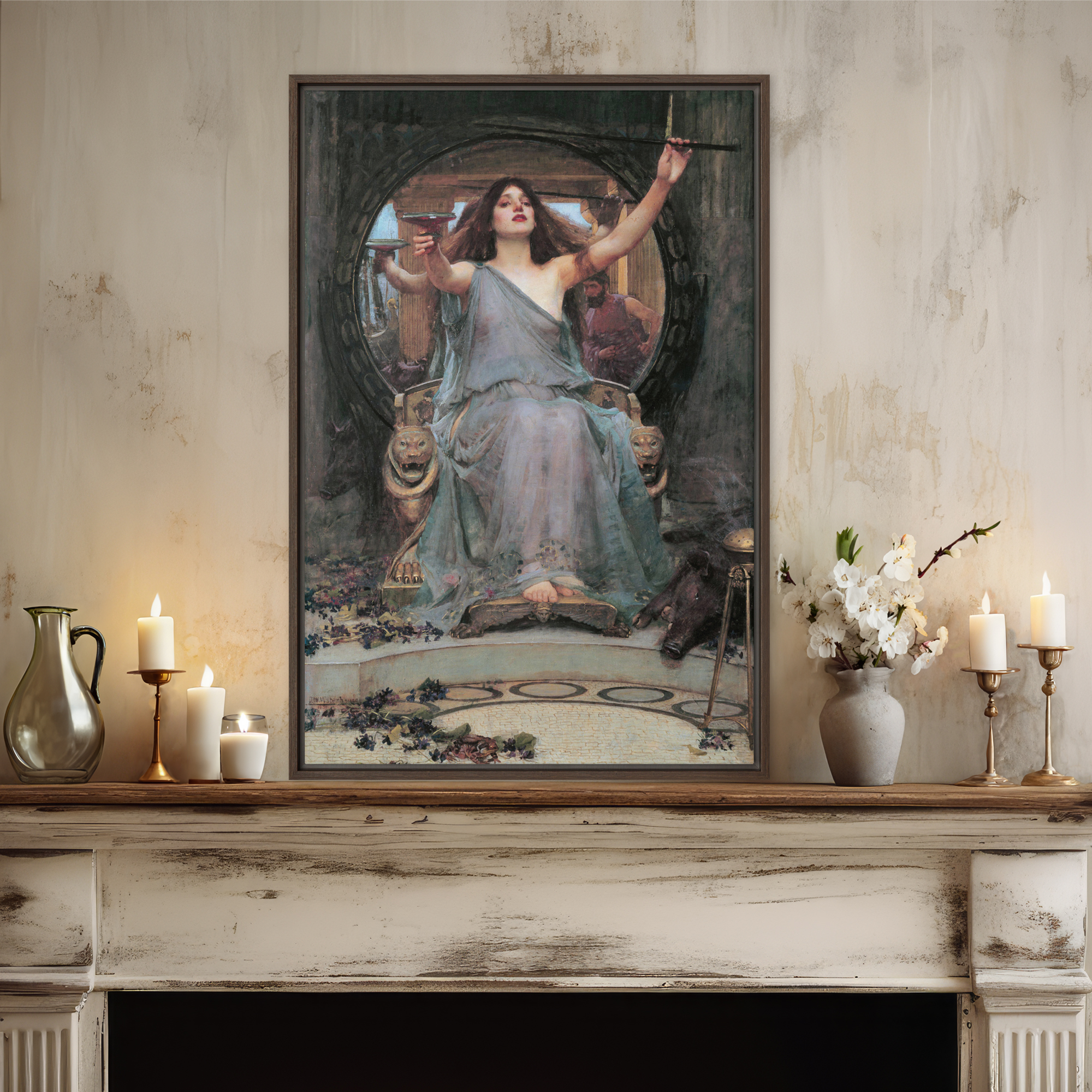 Circe Offering the Cup to Odysseus by John William Waterhouse Framed Canvas Dark Academia, Gothic Art, Macabre, Boho, Bohemian